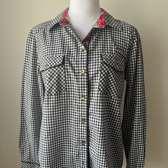 🖤Jones New York signature Gingham  Black and white button up shirt Sz M - Picture 1 of 12